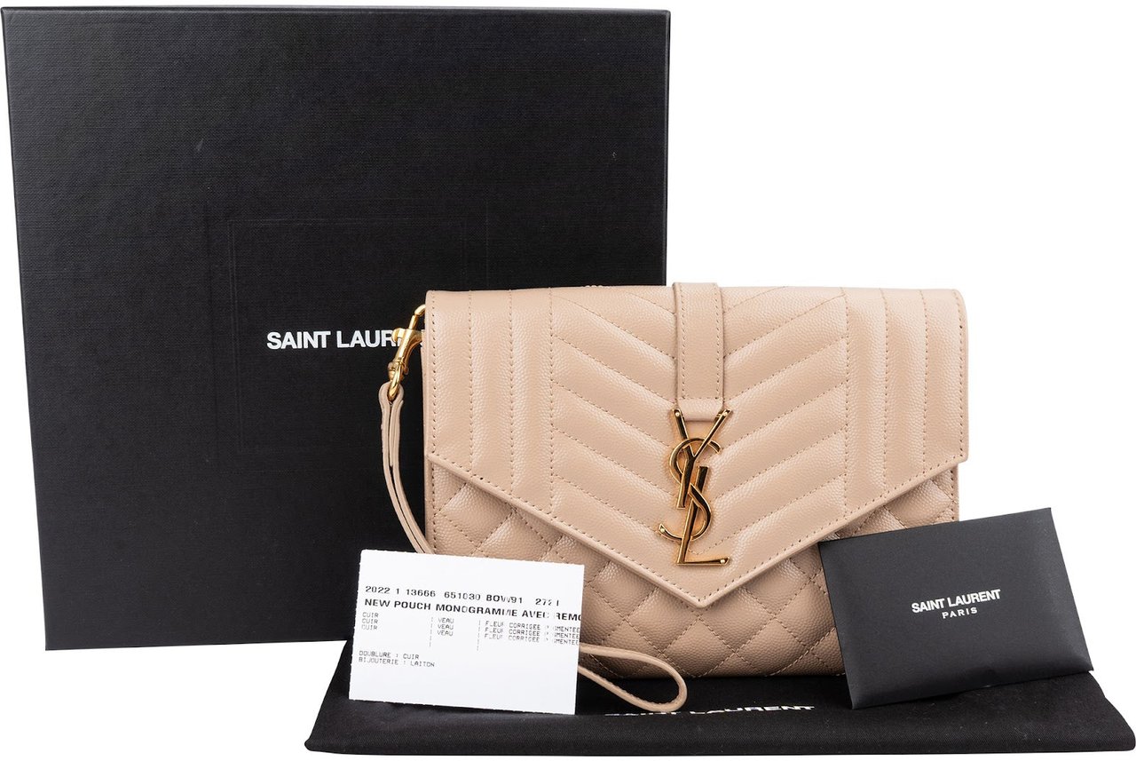 Saint Laurent Chevron Grain de Poudre Matelassé Pouch Bag Beige