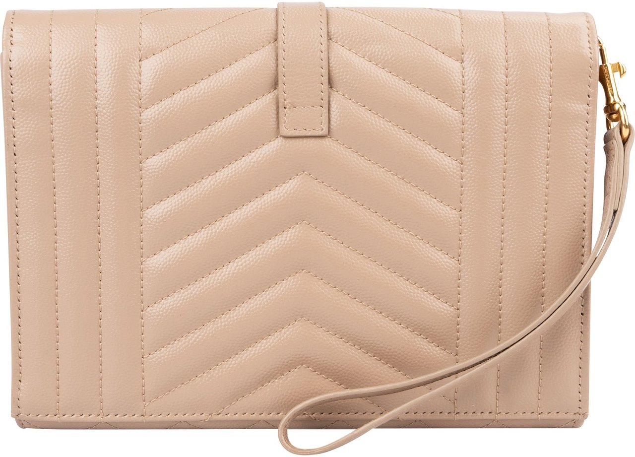 Saint Laurent Chevron Grain de Poudre Matelassé Pouch Bag Beige