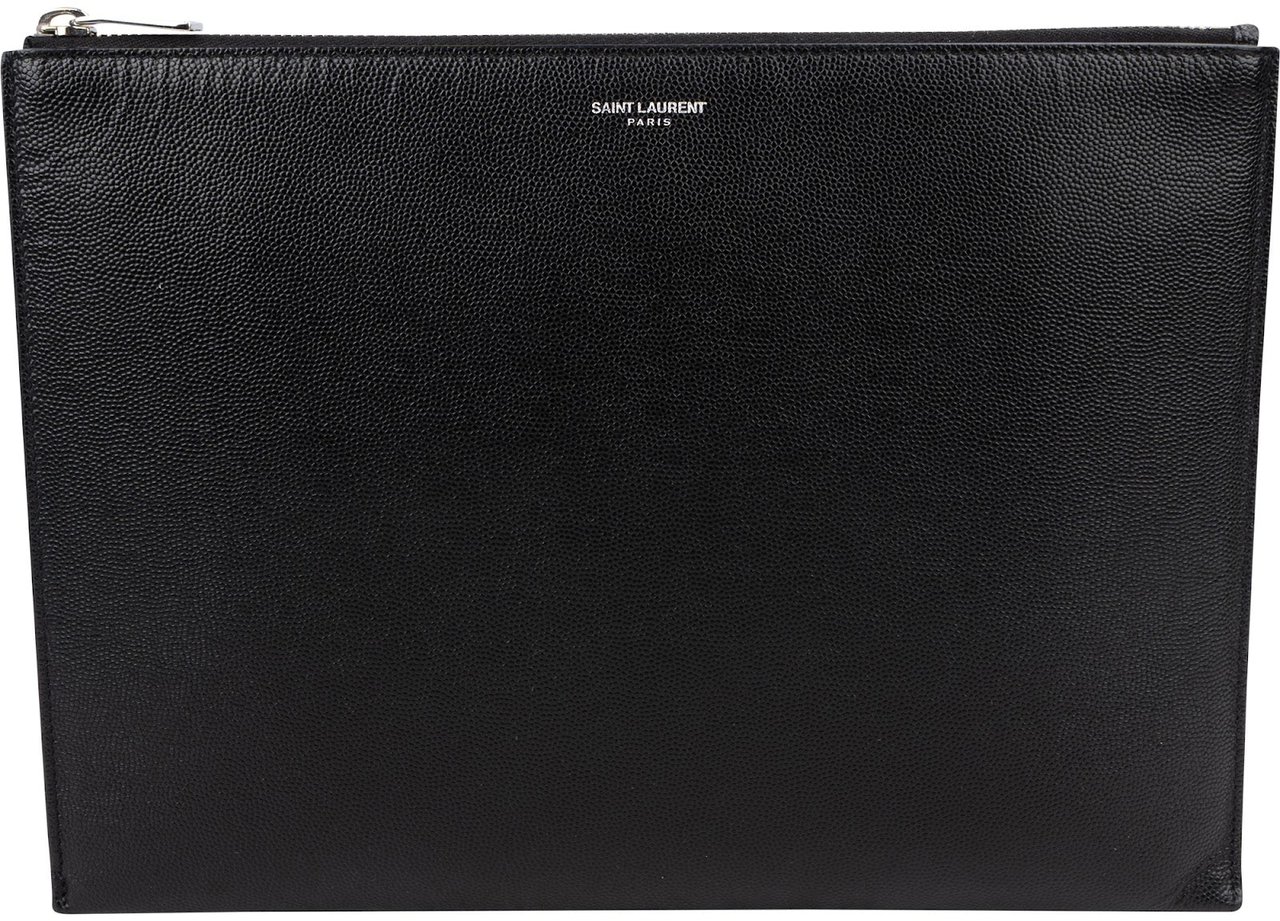 Saint Laurent Grained Leather Leather Clutch Zwart