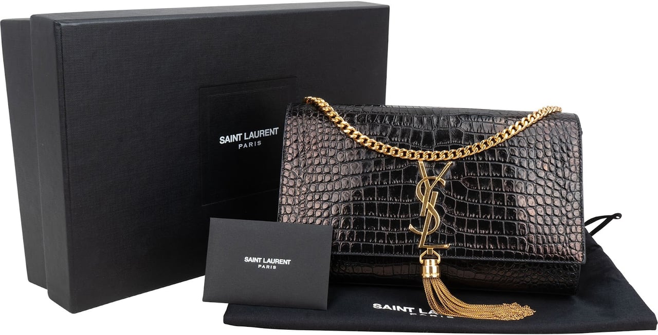 Saint Laurent Croc-Embossed Leather Kate Tassel Chain Crossbody Bag Zwart