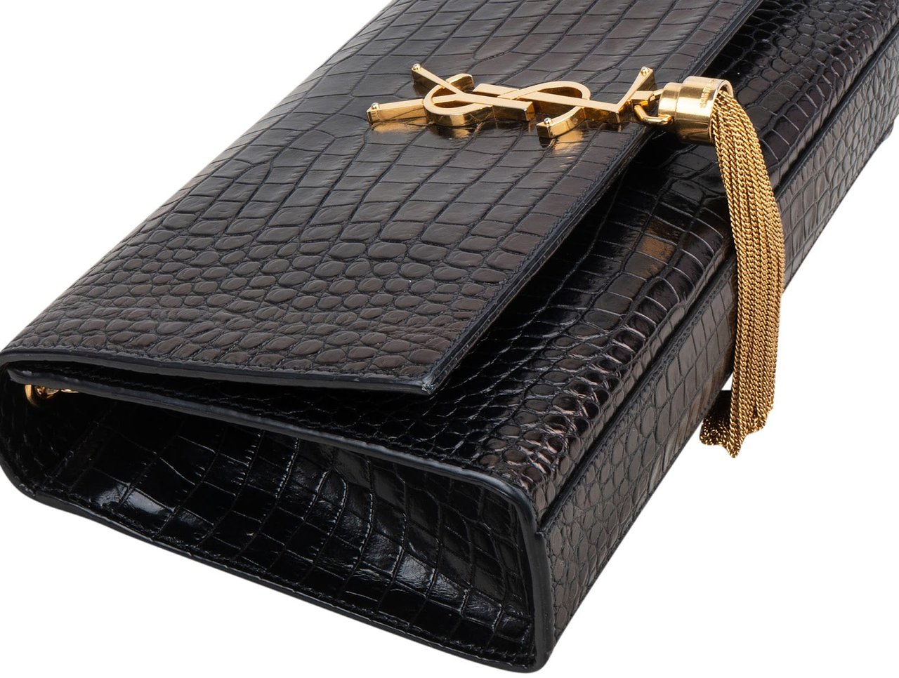 Saint Laurent Croc-Embossed Leather Kate Tassel Chain Crossbody Bag Zwart