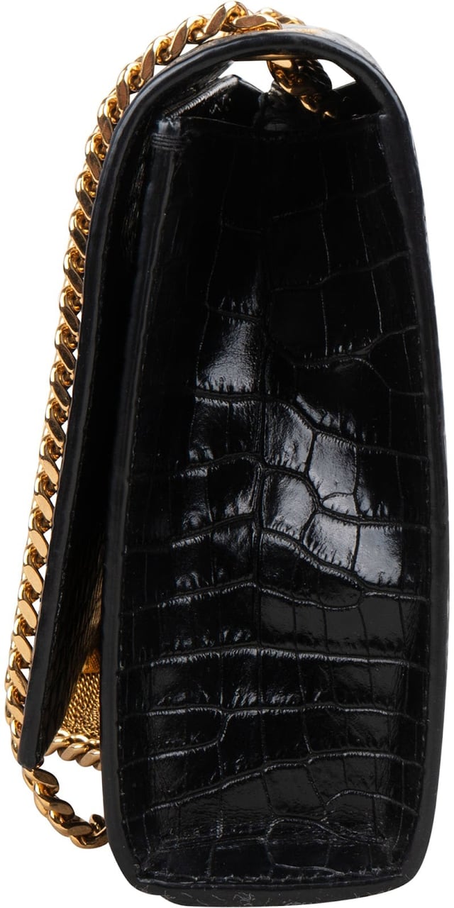 Saint Laurent Croc-Embossed Leather Kate Tassel Chain Crossbody Bag Zwart