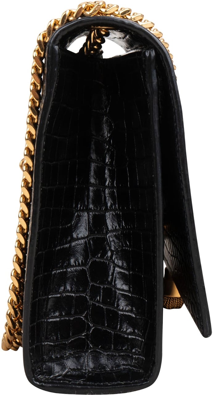 Saint Laurent Croc-Embossed Leather Kate Tassel Chain Crossbody Bag Zwart