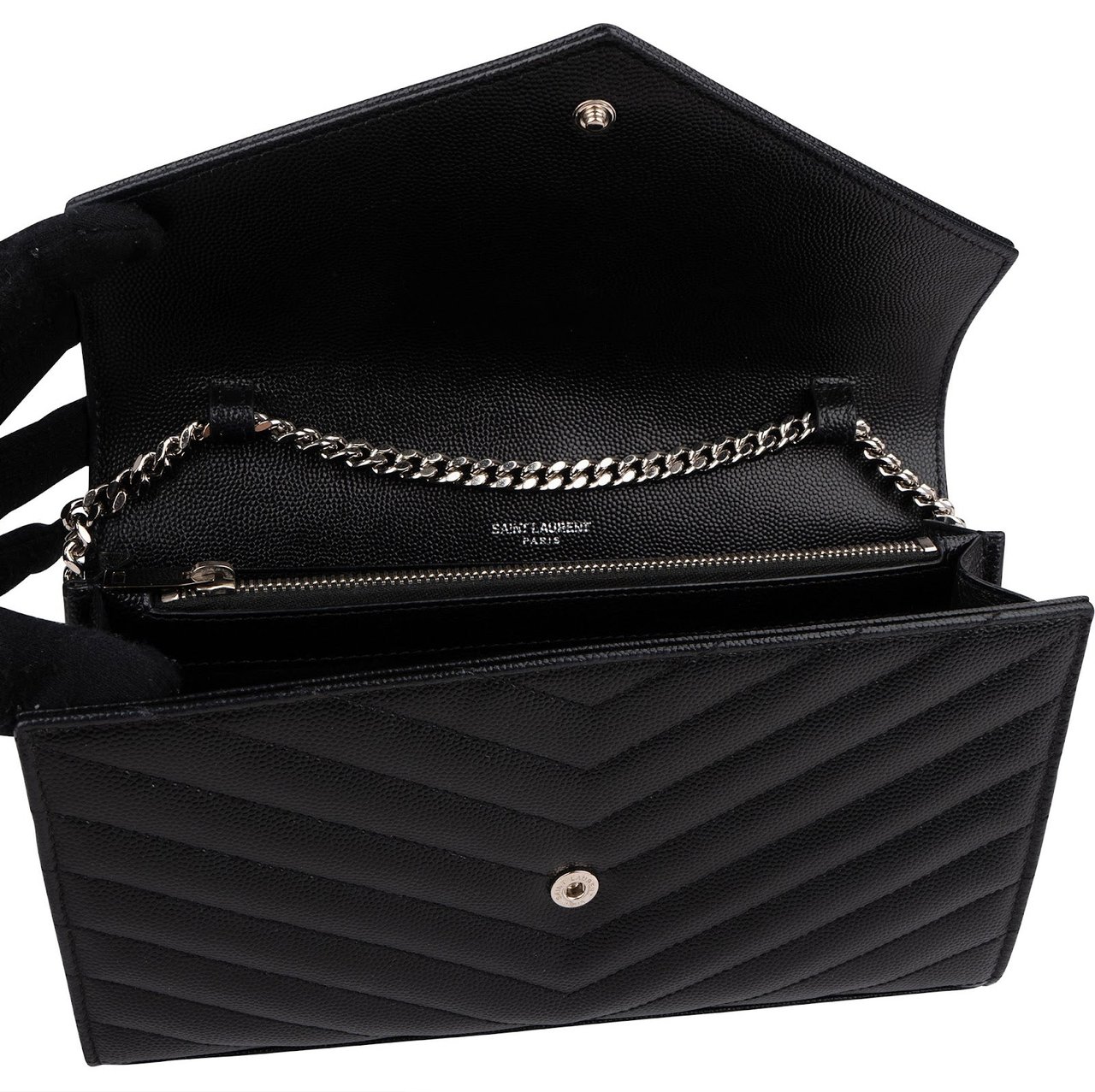 Saint Laurent Yves Saint Laurent Grain de Poudre Quilted Leather Wallet On Chain Crossbody Bag Zwart
