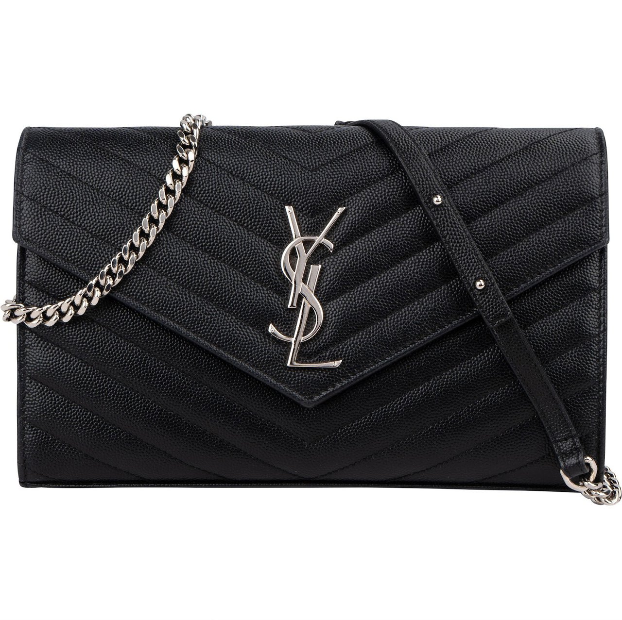 Saint Laurent Yves Saint Laurent Grain de Poudre Quilted Leather Wallet On Chain Crossbody Bag Zwart