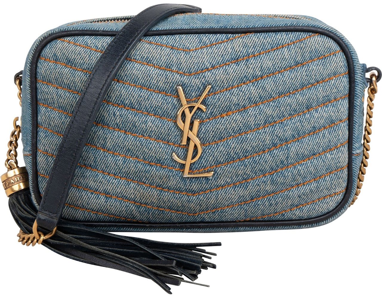 Saint Laurent Chevron Denim Lou Camera Crossbody Bag Blauw