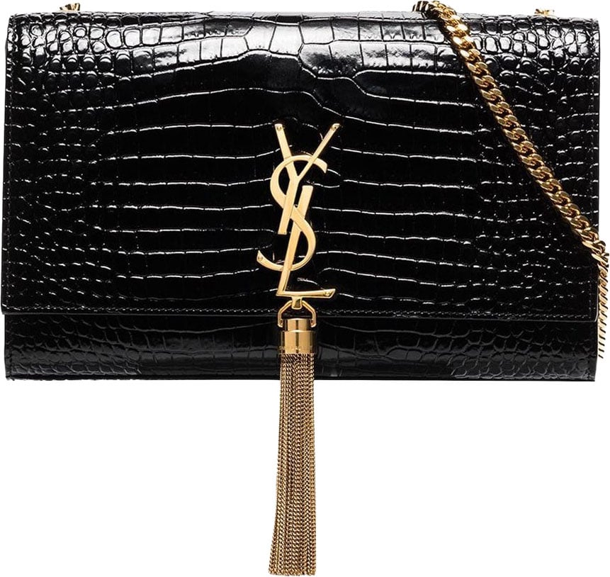 Saint Laurent Kate Medium Tassel Crocodile Embossed Leather Bag Zwart