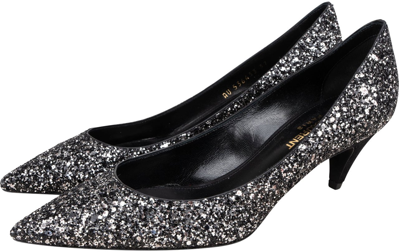 Saint Laurent Black Glitter Show Pumps (37) Zwart