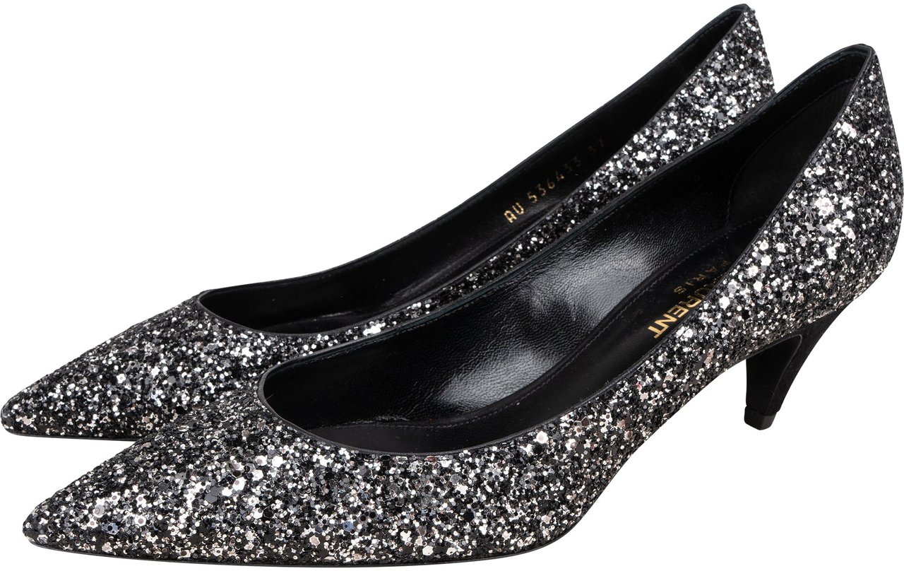 Saint Laurent Saint Laurent Black Glitter Show Pumps (37) Zwart