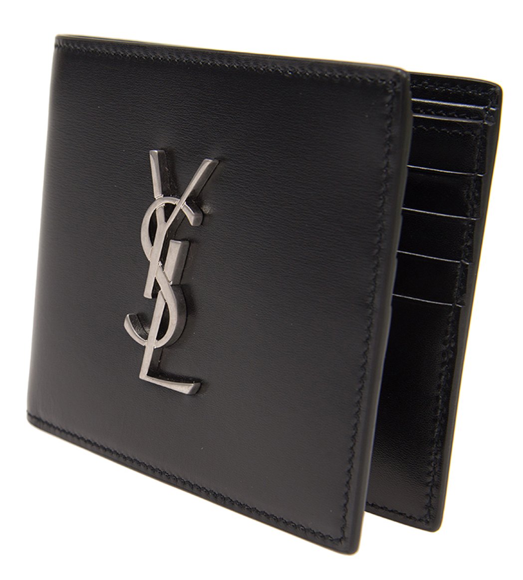 Saint Laurent Compact Calfskin Wallet with Prominent Logo Zwart