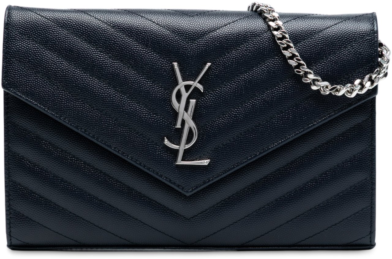 Saint Laurent Grain De Poudre Matelasse Chevron Monogram Chain Wallet Blauw