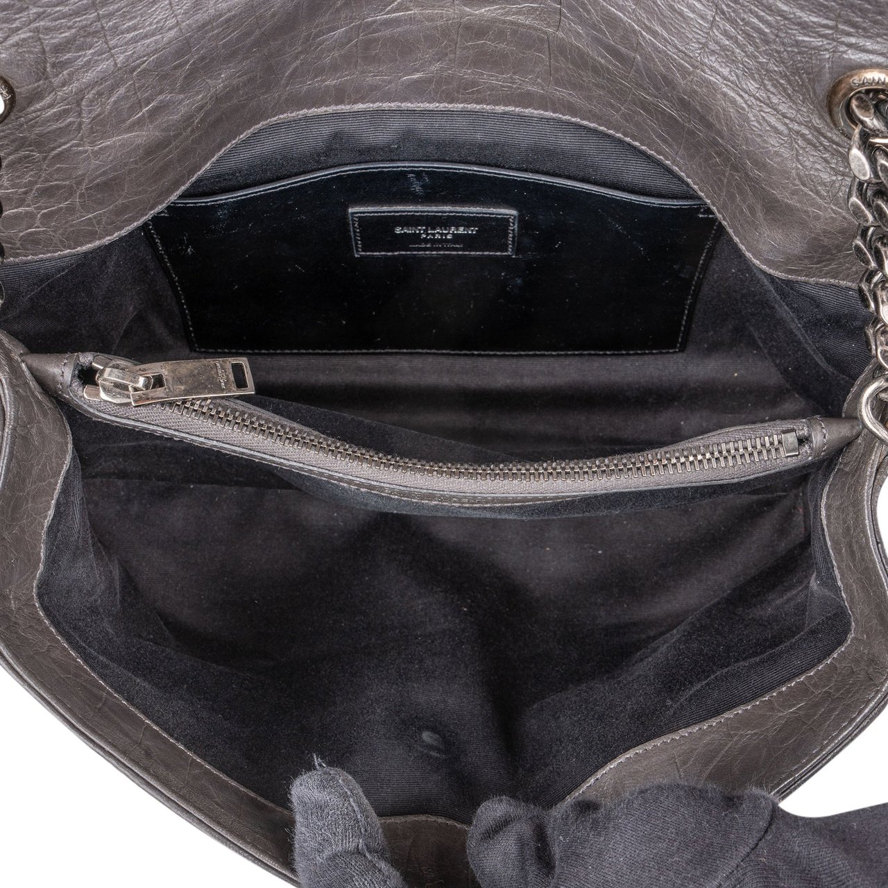 Saint Laurent Saint Laurent Grey Croco Optic Leather West Hollywood Crossbody Bag Donkergrijs