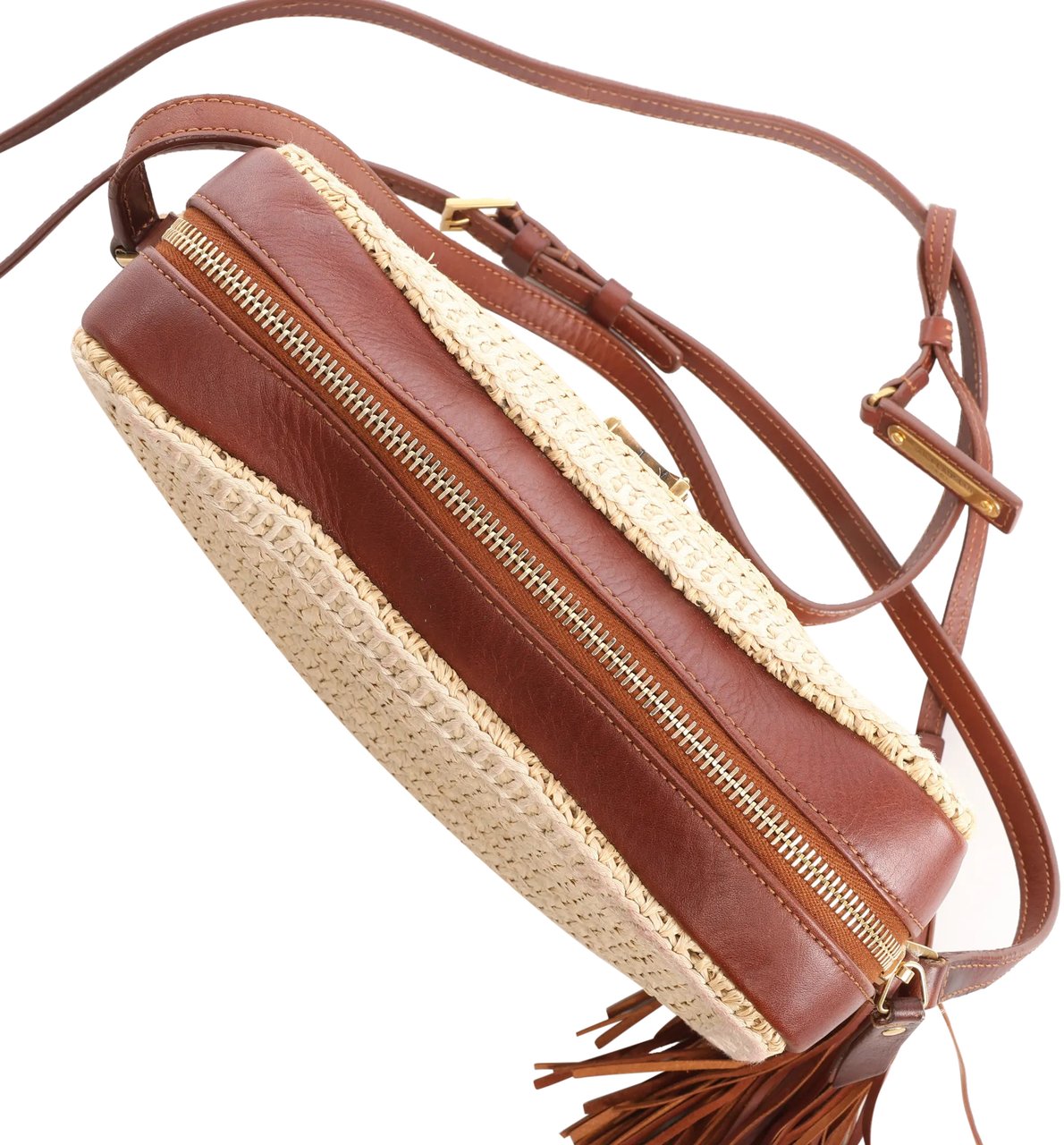 Saint Laurent Saint Laurent Paris Lou Camera Raffia x Leather Crossbody Bag in Beige x Brown 468537 Beige