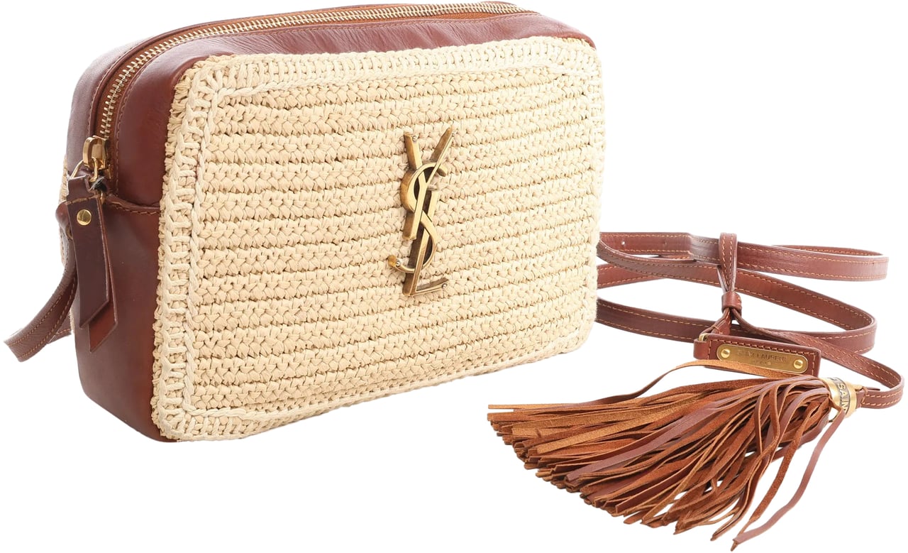 Saint Laurent Saint Laurent Paris Lou Camera Raffia x Leather Crossbody Bag in Beige x Brown 468537 Beige