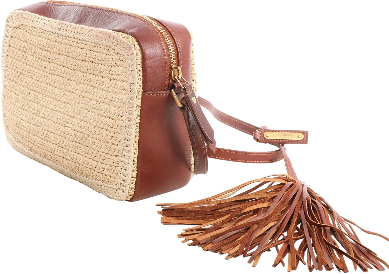 Saint Laurent Saint Laurent Paris Lou Camera Raffia x Leather Crossbody Bag in Beige x Brown 468537 Beige