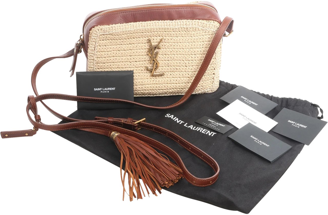Saint Laurent Saint Laurent Paris Lou Camera Raffia x Leather Crossbody Bag in Beige x Brown 468537 Beige