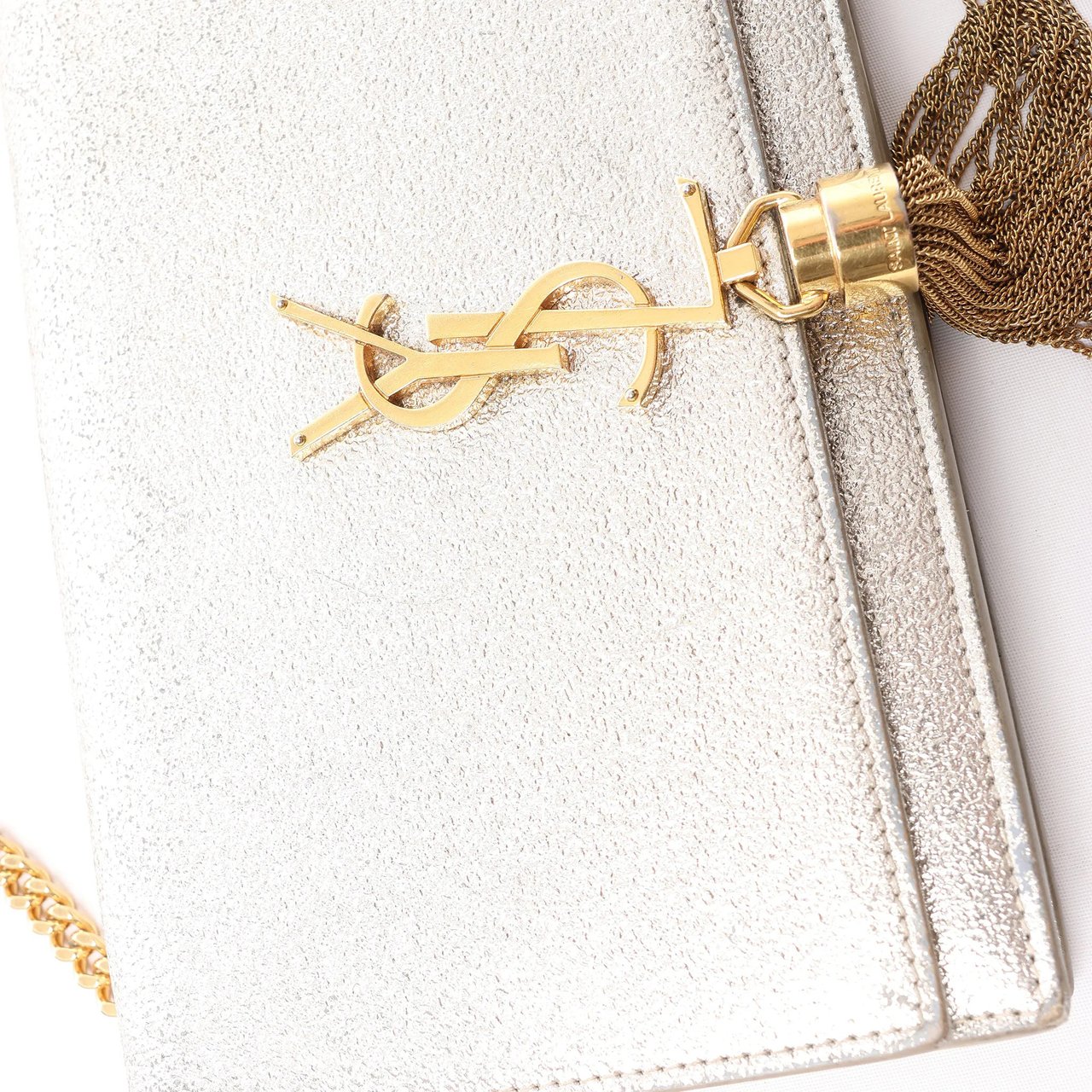 Saint Laurent Paris Kate Small Tassel Crossbody Bag in Silver Glitter Zilver