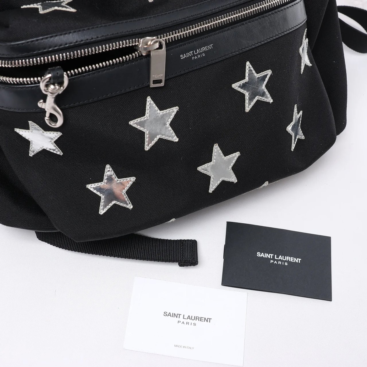 Saint Laurent Paris City Canvas & Leather Backpack in Black × Silver 534968 Zilver