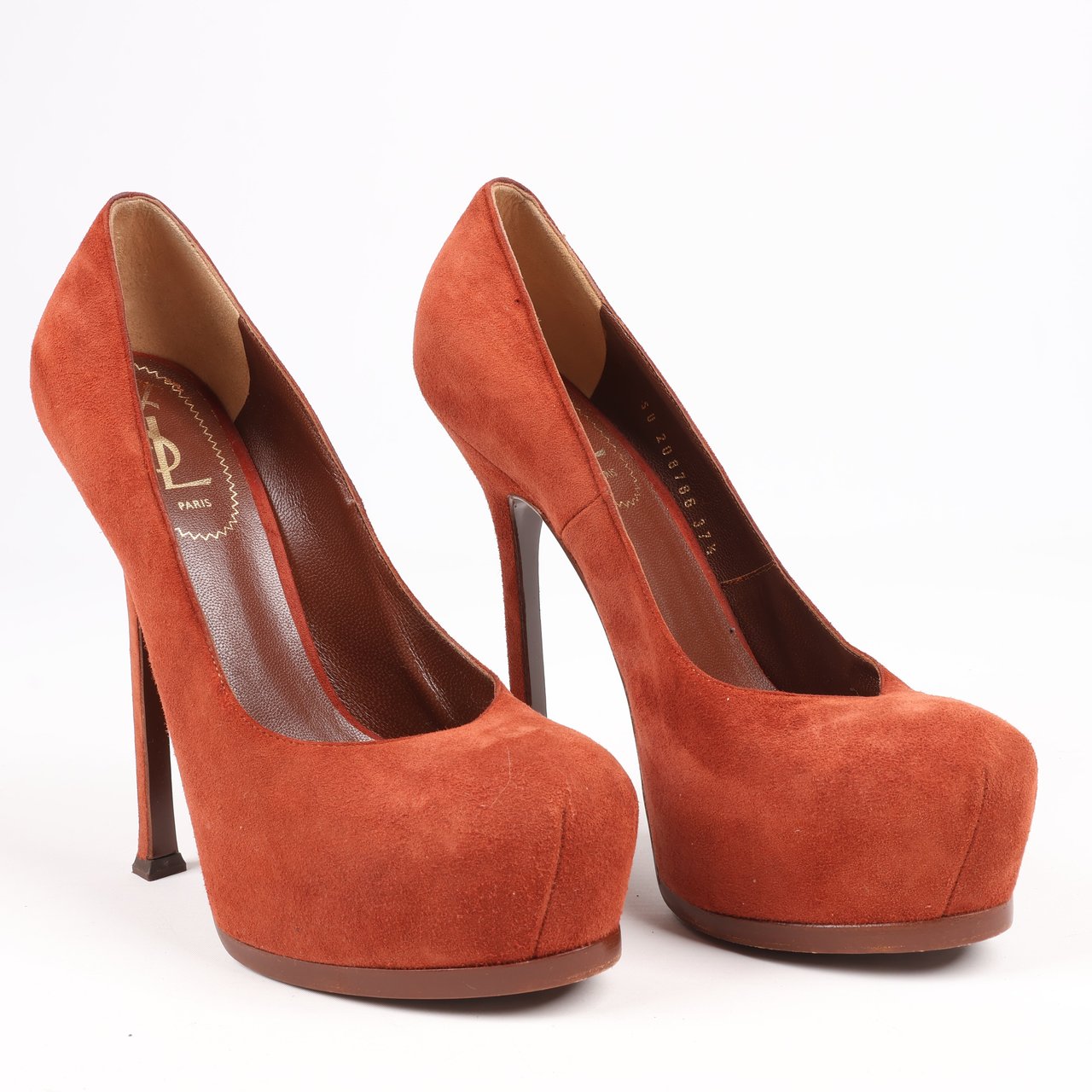 Saint Laurent Tribute Two Brown Suede Pumps, Size 37.5 EU Bruin
