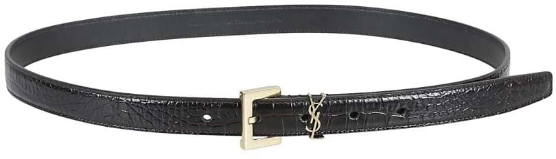 Saint Laurent Narrow Crocodile-Textured Calfskin Belt Zwart