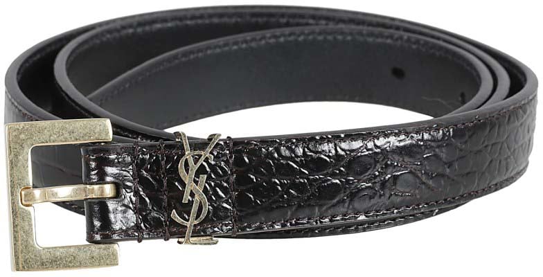 Saint Laurent Narrow Crocodile-Textured Calfskin Belt Zwart