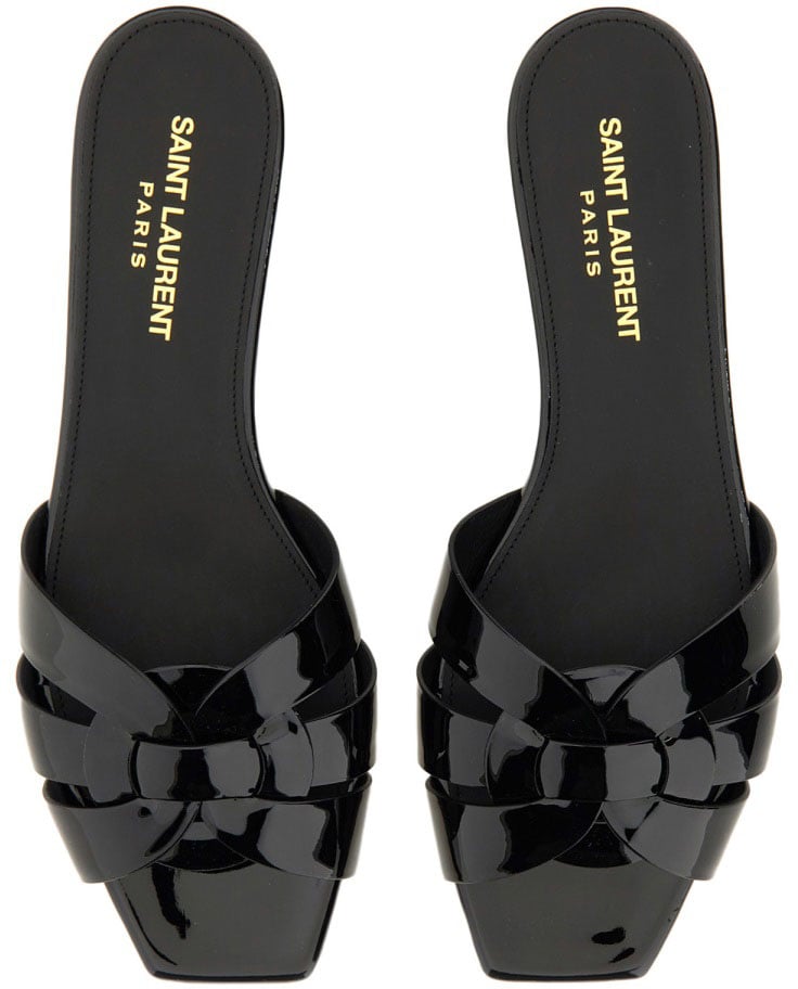 Saint Laurent Black Glossy Calfskin Flat Tribute Sandals Zwart