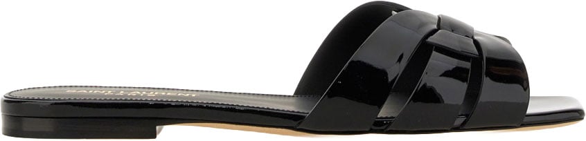 Saint Laurent Black Glossy Calfskin Flat Tribute Sandals Zwart
