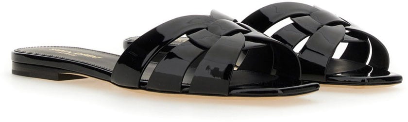 Saint Laurent Black Glossy Calfskin Flat Tribute Sandals Zwart