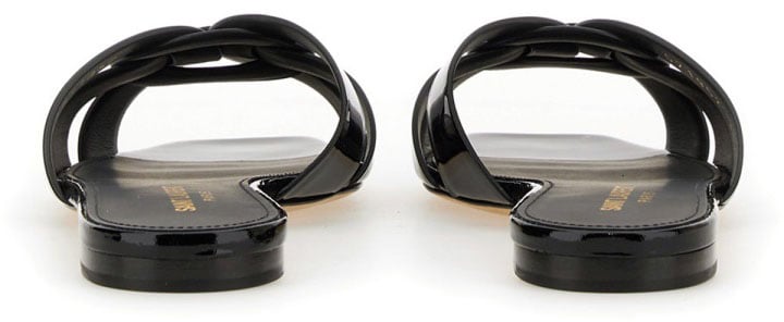 Saint Laurent Black Glossy Calfskin Flat Tribute Sandals Zwart