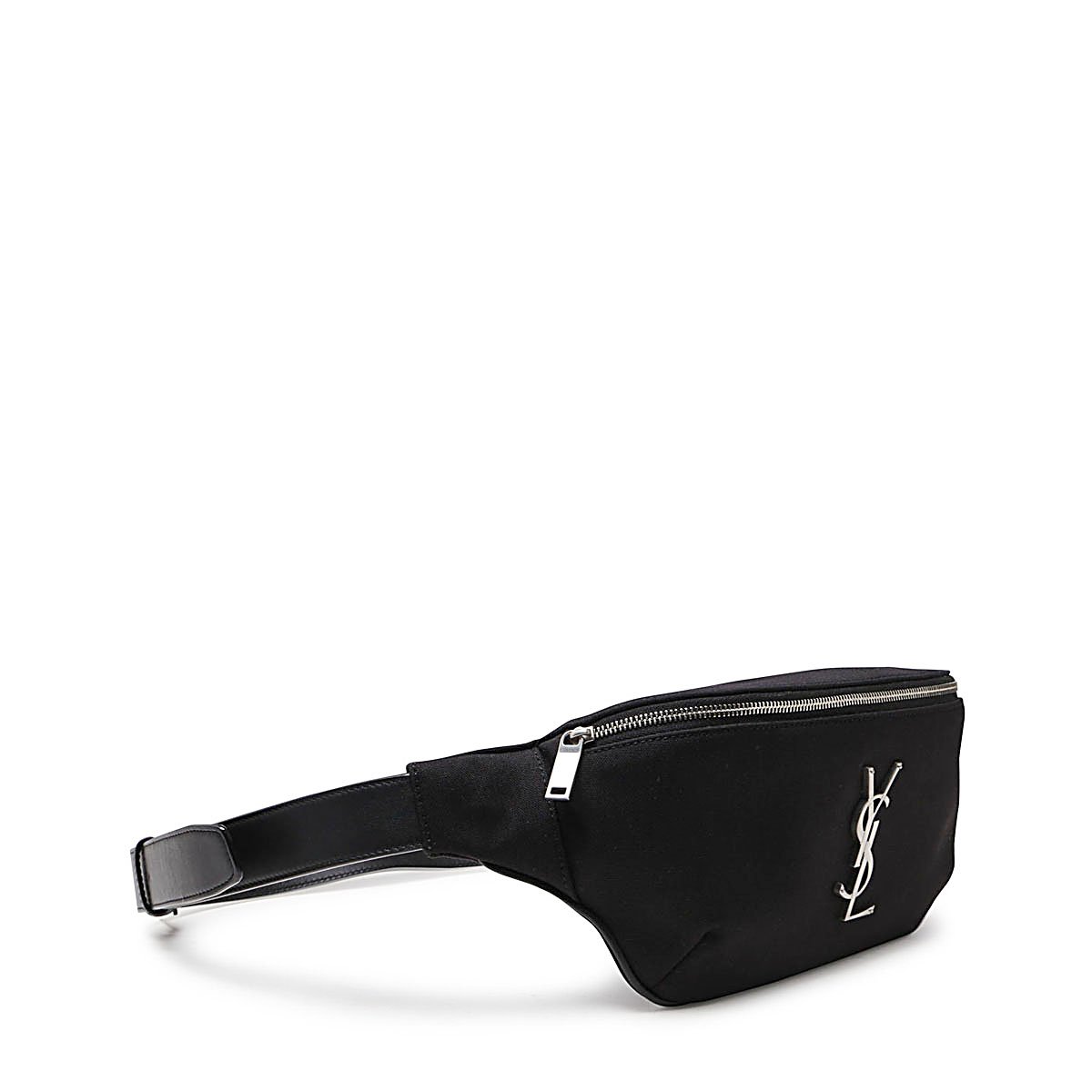 Saint Laurent Black Waist Bag with Silver YSL Logo and Adjustable Strap Zwart