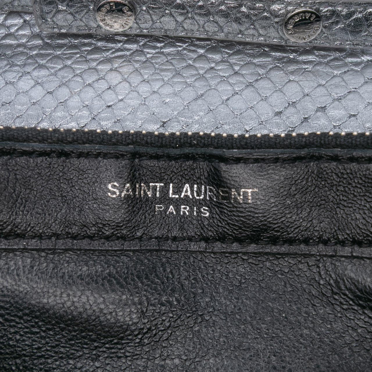 Saint Laurent Metallic Python Embossed Leather Monogram Kate Wallet on Chain Zilver