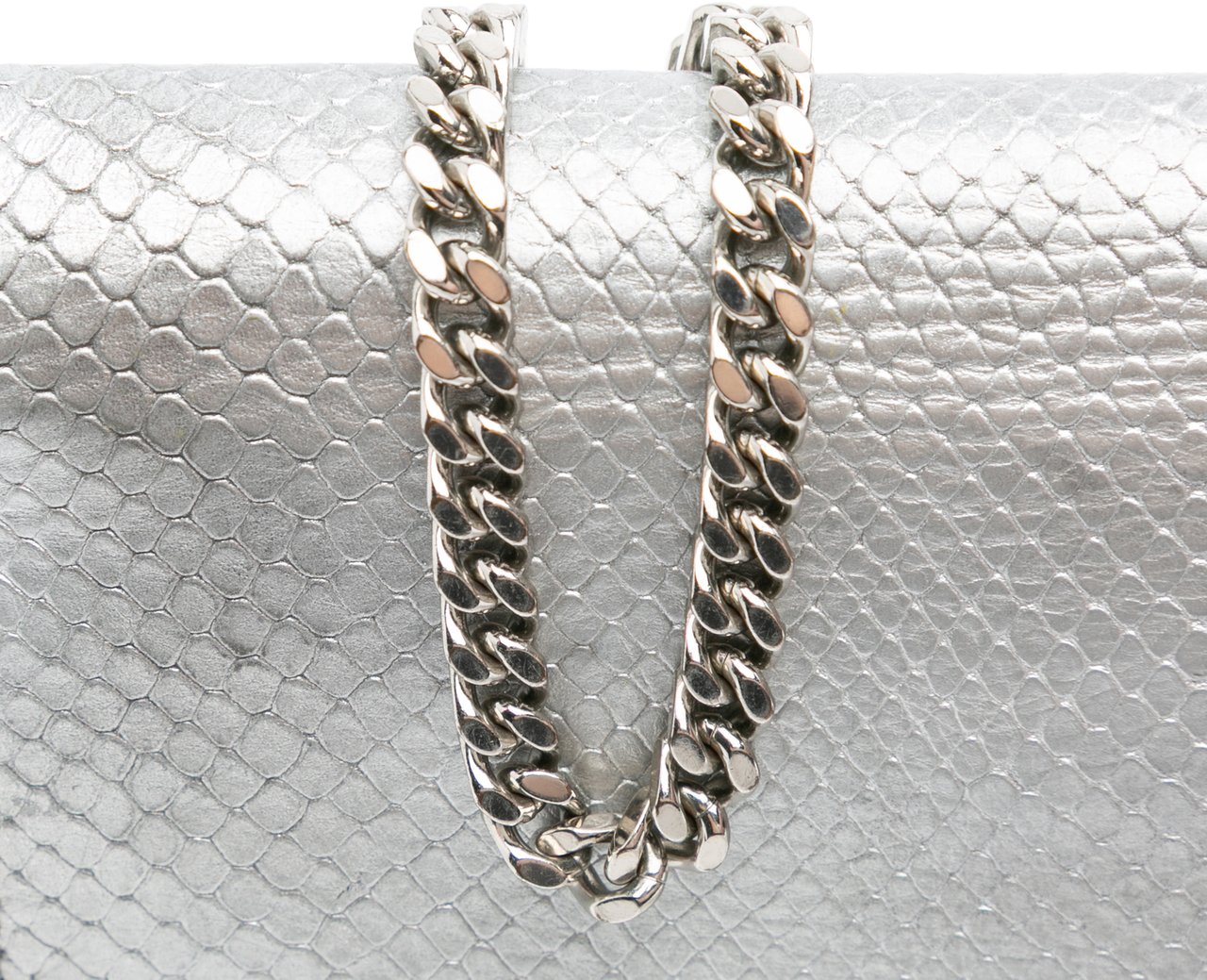 Saint Laurent Metallic Python Embossed Leather Monogram Kate Wallet on Chain Zilver