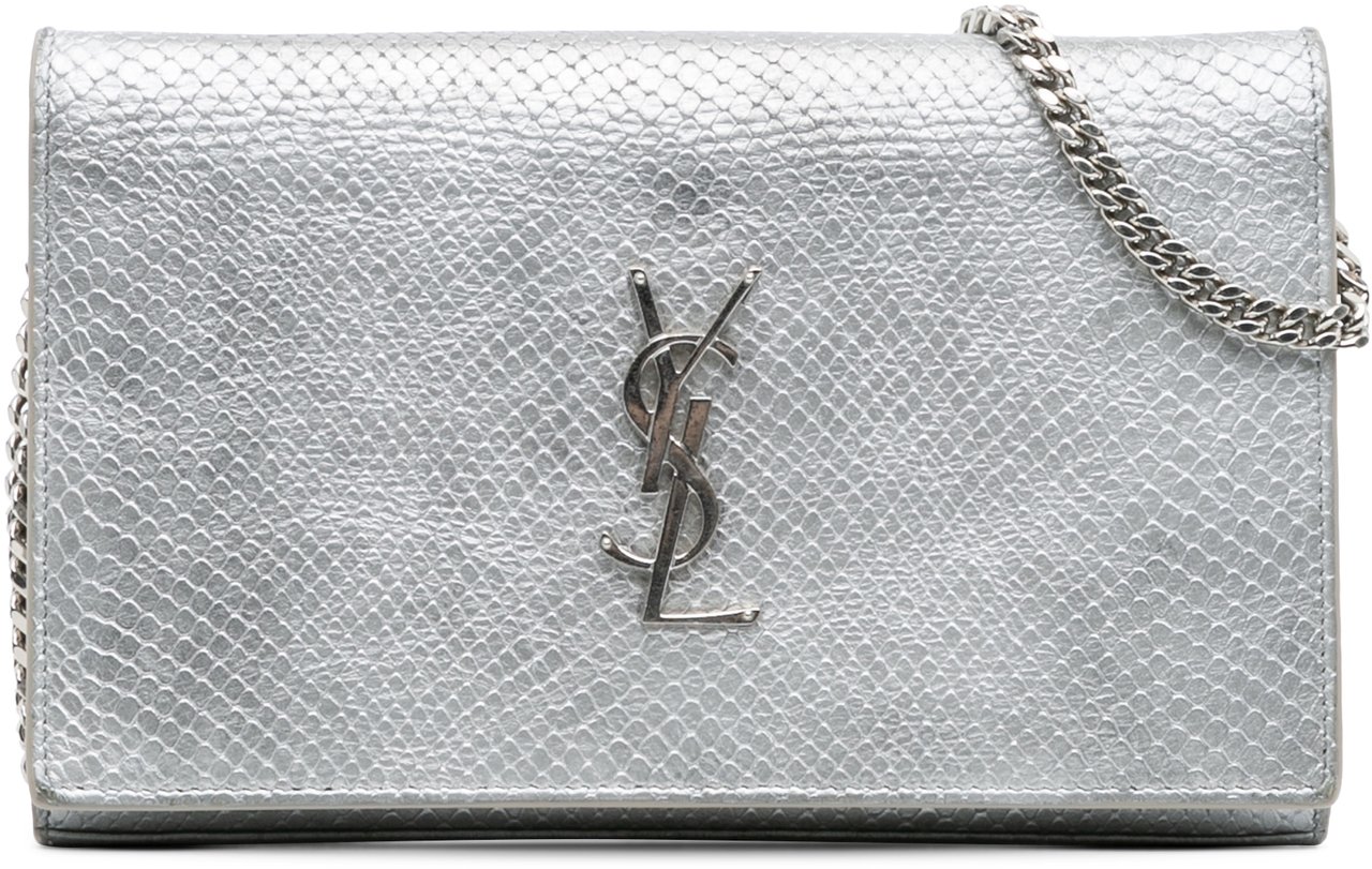 Saint Laurent Metallic Python Embossed Leather Monogram Kate Wallet on Chain Zilver