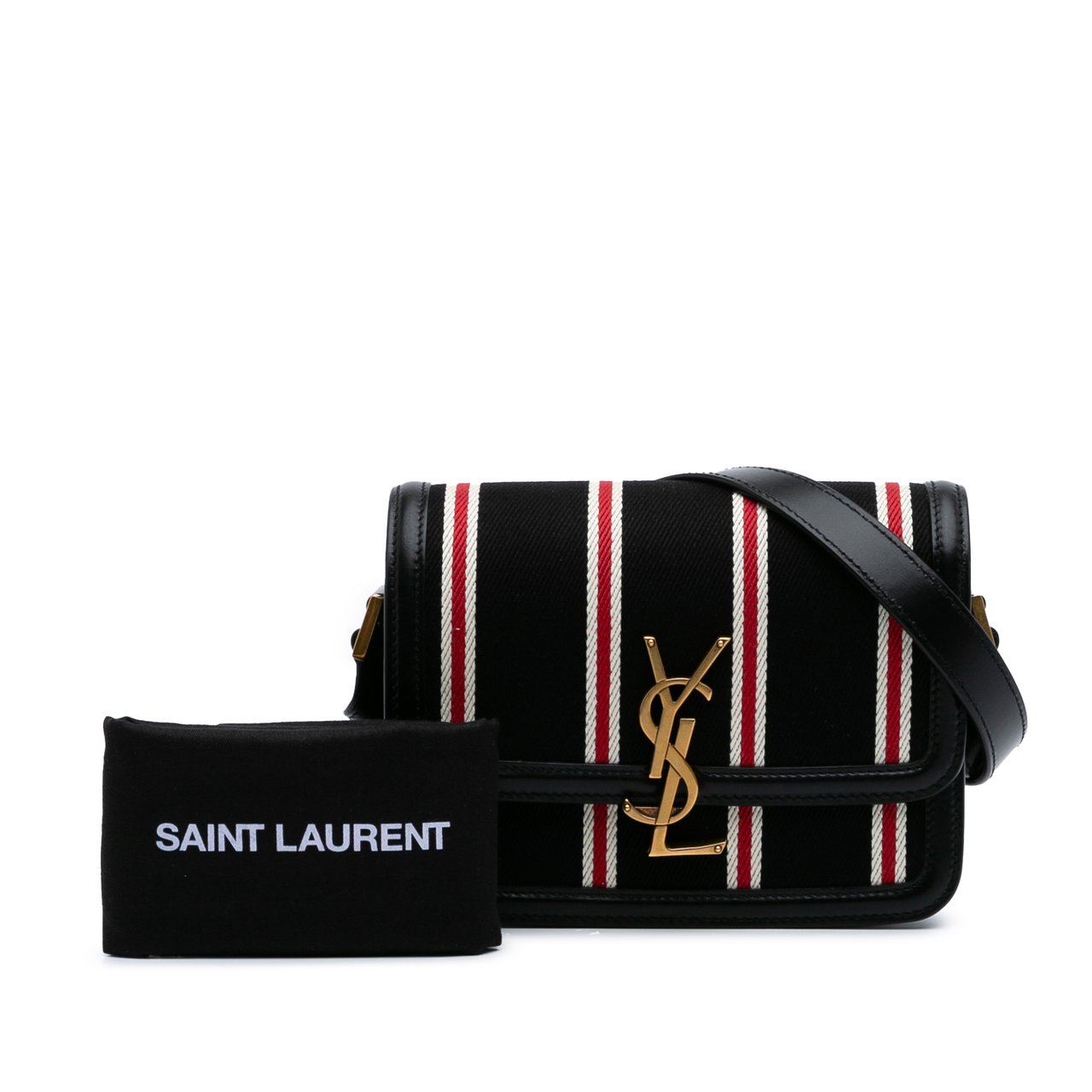 Saint Laurent Small Canvas Striped Solferino Satchel In Box Zwart