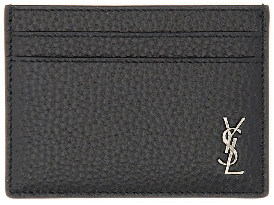 Saint Laurent Textured Black Leather Monogram Card Holder Grijs