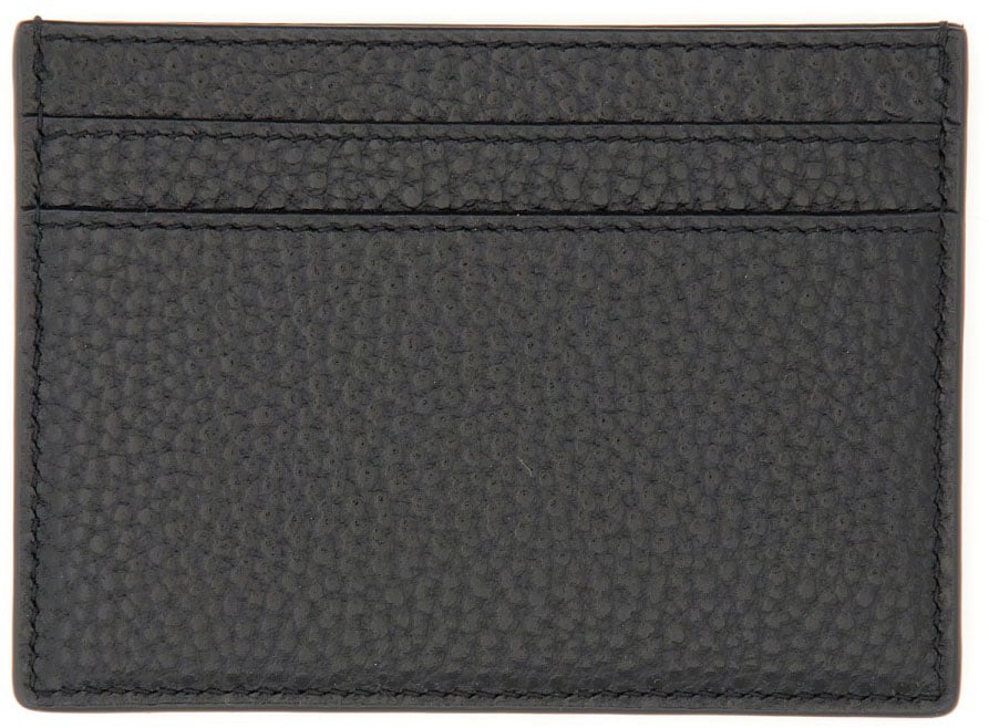 Saint Laurent Textured Black Leather Monogram Card Holder Grijs