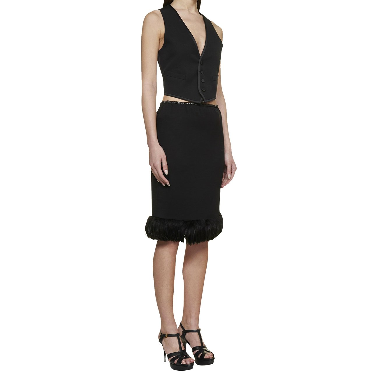 Saint Laurent Saint Laurent Feathers Trim Silk Skirt Zwart