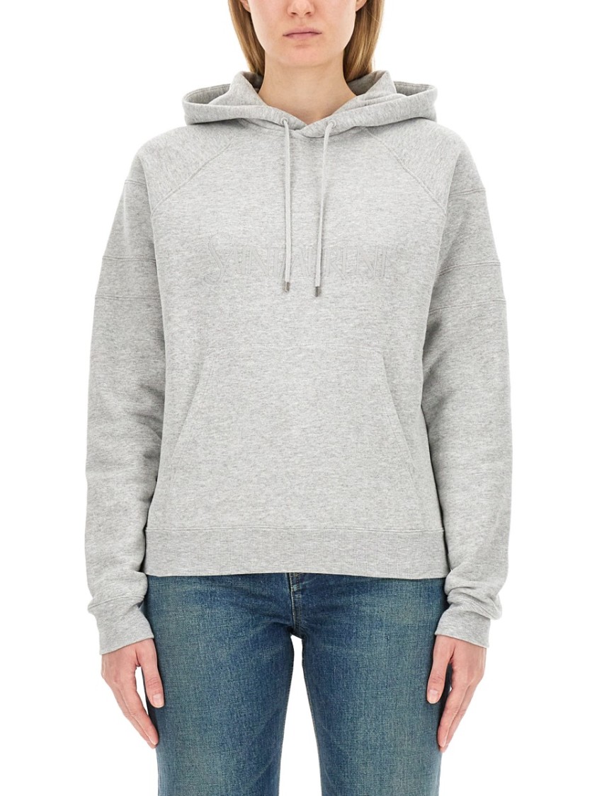 Saint Laurent Classic Grey Cotton Hoodie With Drawstring Wit