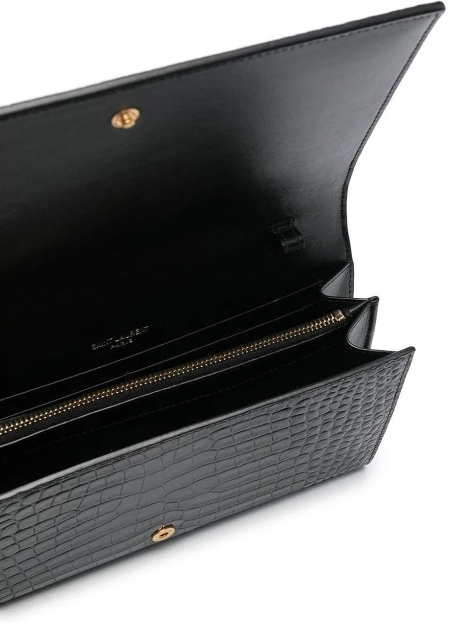 Saint Laurent Cassandre Croc Embossed Leather Chain Wallet Zwart