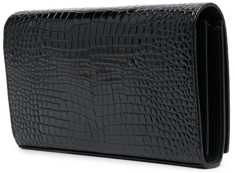 Saint Laurent Cassandre Croc Embossed Leather Chain Wallet Zwart