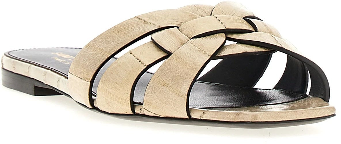Saint Laurent Saint Laurent Tribute Eel Leather Flat Sandals Beige