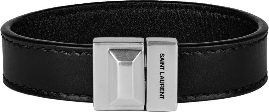 Saint Laurent Engraved Logo Leather Bracelet Zwart