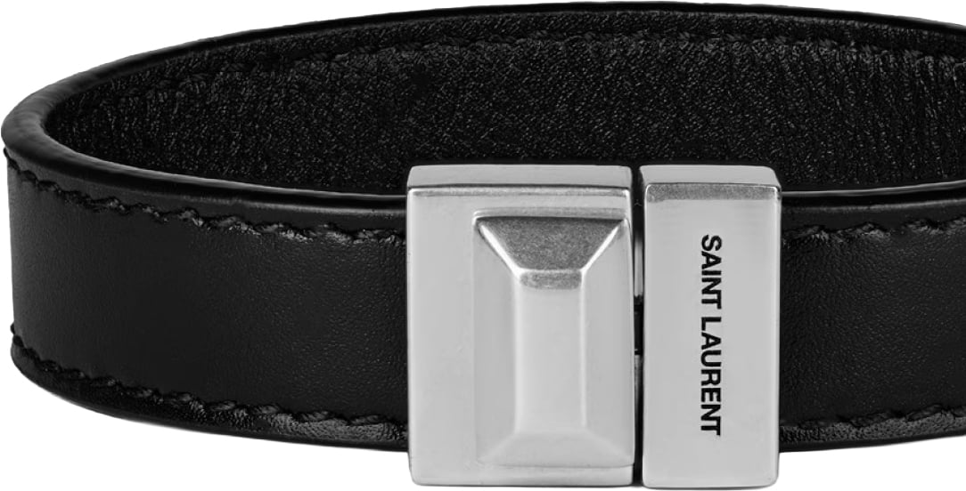 Saint Laurent Engraved Logo Leather Bracelet Zwart