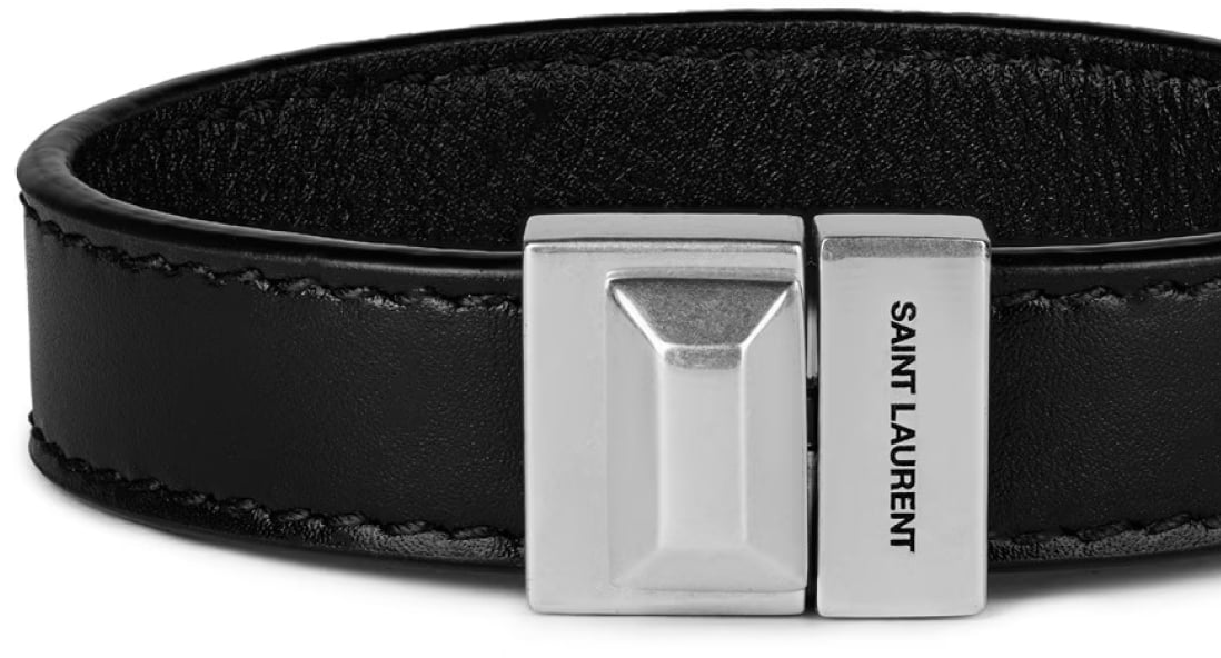 Saint Laurent Engraved Logo Leather Bracelet Zwart