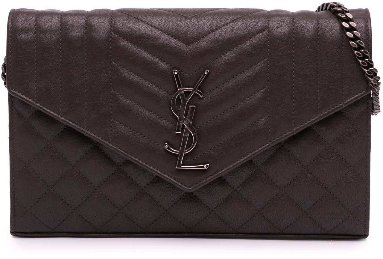 Saint Laurent Triquilt Sheepskin Monogram Envelope Wallet on Chain Bruin