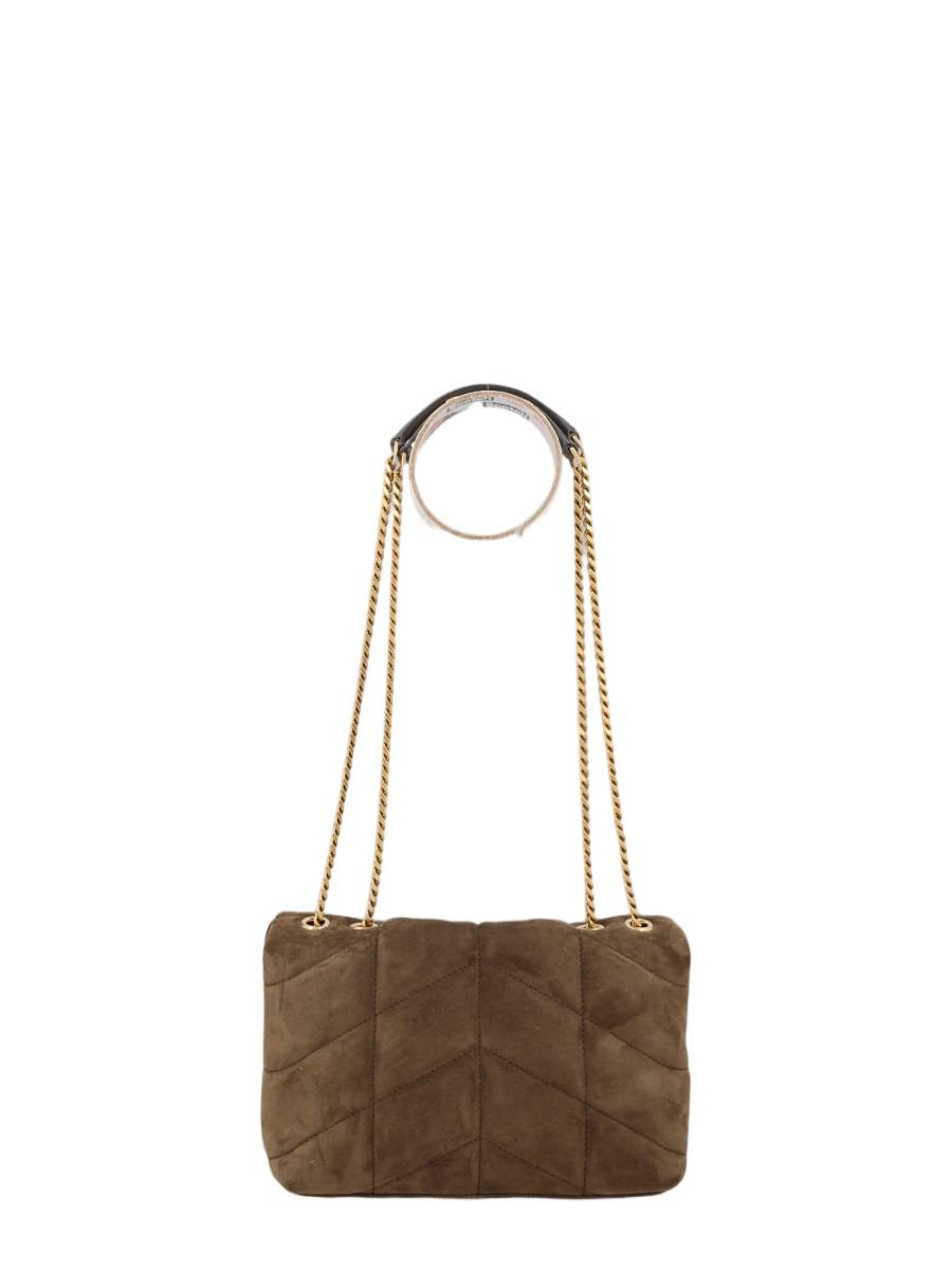 Saint Laurent Quilted Suede Shoulder Bag with Gold-tone Chain Strap Wit