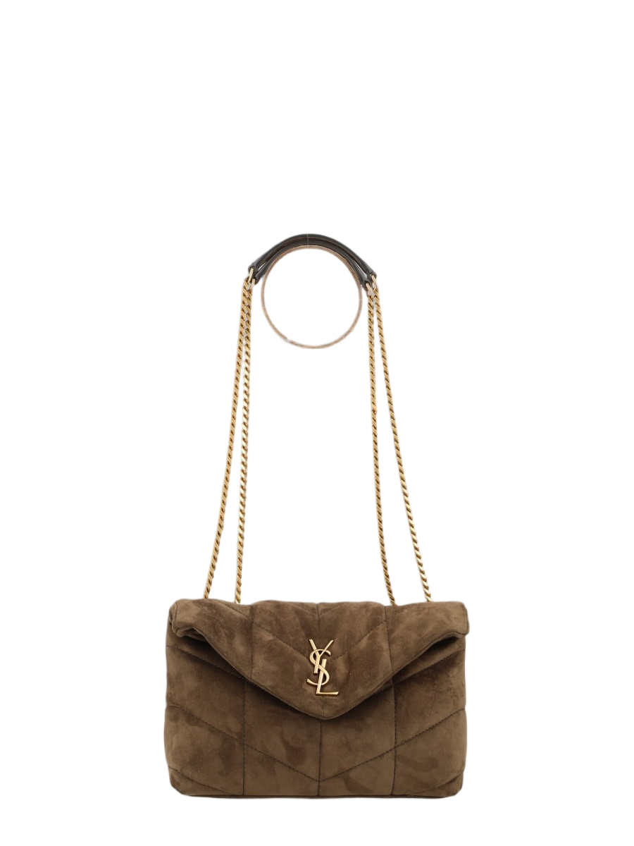 Saint Laurent Quilted Suede Shoulder Bag with Gold-tone Chain Strap Wit