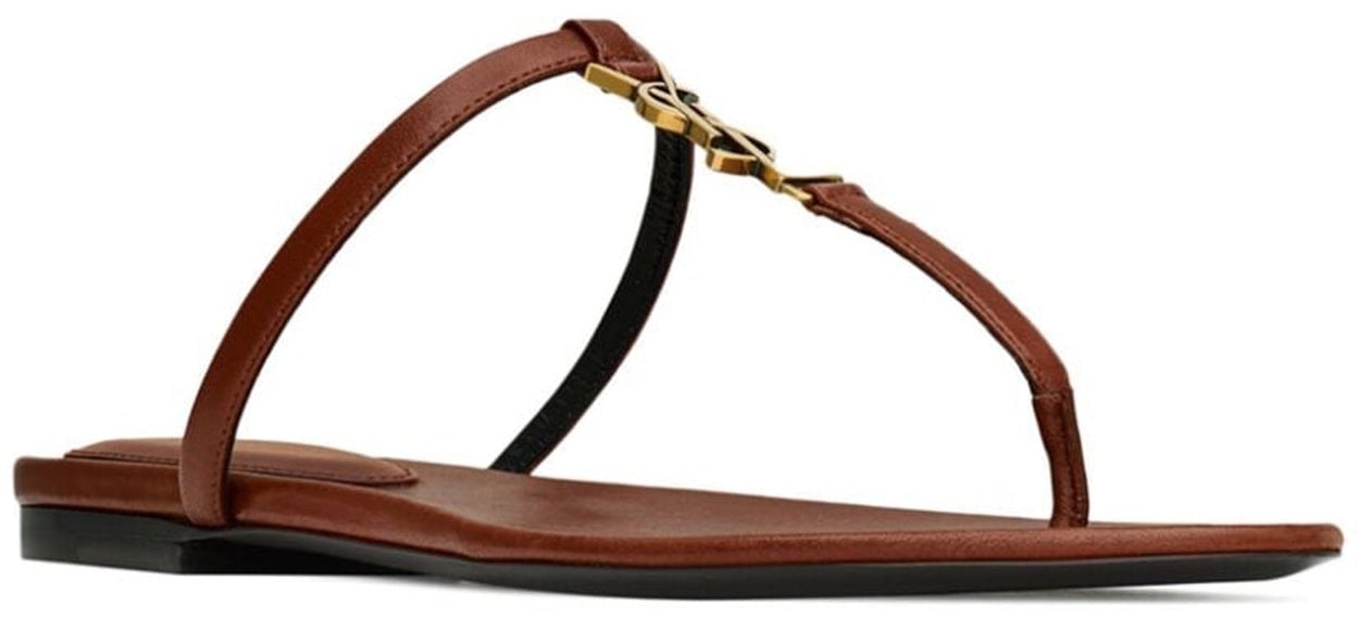 Saint Laurent Saint Laurent Cassandra Leather Flat Sandals Bruin