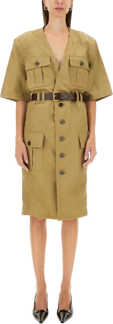 Saint Laurent Relaxed-Fit Beige Dress With Belted Waist Bruin