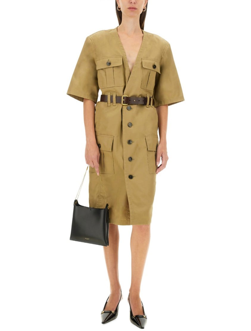 Saint Laurent Relaxed-Fit Beige Dress With Belted Waist Bruin